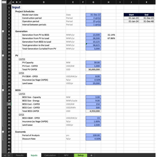Multiple Technologies LCOE & LCOS Excel Templates